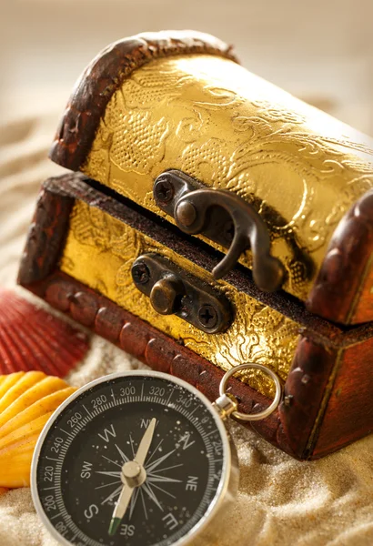 Treasure chest with seashells and compass