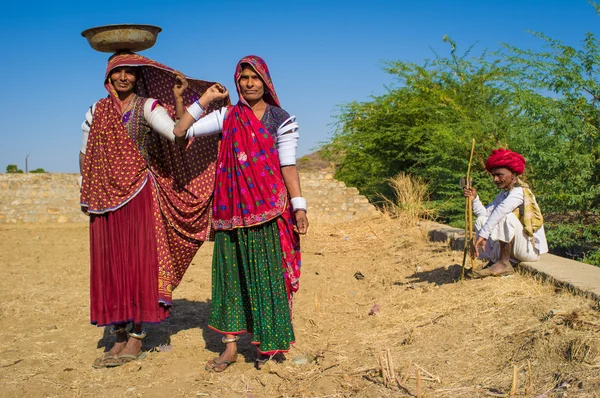 Rabari women stand in field