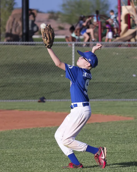 A Youth Baseball Player Catches the Ball