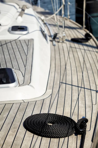 The wooden deck of the yacht