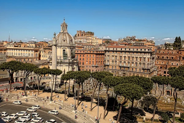 ROMA, ITALY, APRIL 11, 2016 :View from the balcony of the national monument a Vittorio Emanuele II, the museum complex on the Piazza Venezia in Rome, Italy Trajan Column and The Church of the Most Holy Name of Mary at the Trajan Forum, Rome, Italy