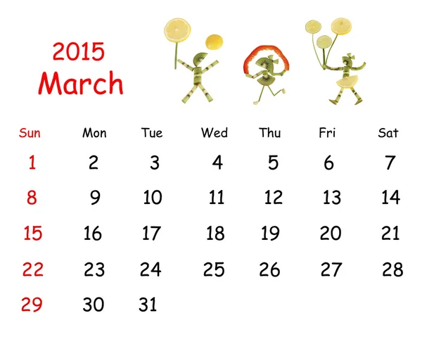 2015 Calendar. March. Little funny people from vegetables and fr
