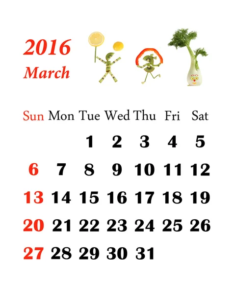 2016 Calendar. March.  Little funny people from vegetables and f