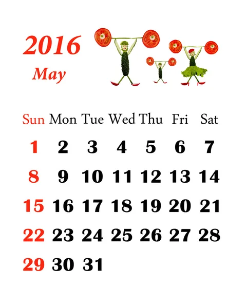 2016 Calendar. May.  Little funny people from vegetables and fru