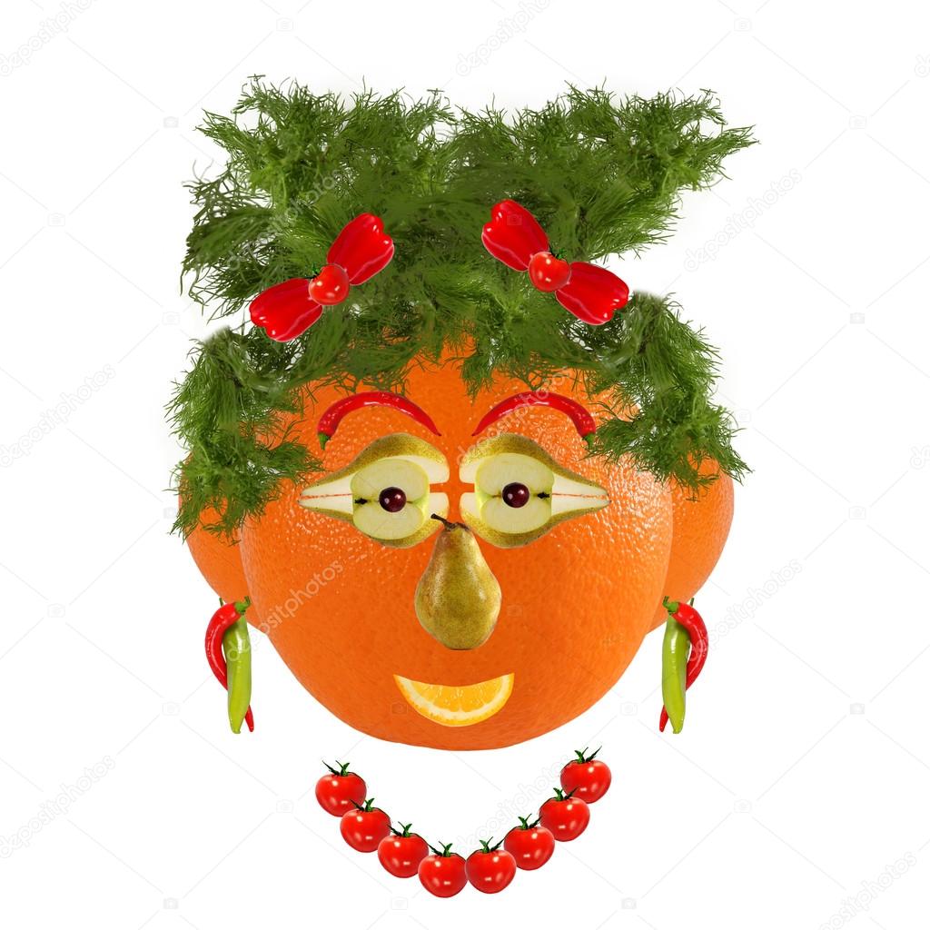 Mangiare sano. Volto di donna divertente fatto da frutta e verdura