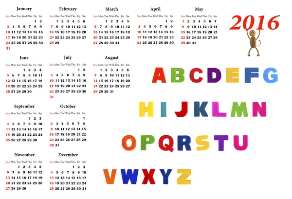 School Calendar for 2016 with the alphabet