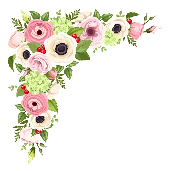 Pink and white anemones, lisianthuses, ranunculus and hydrangea flowers and green leaves. Vector corner background.