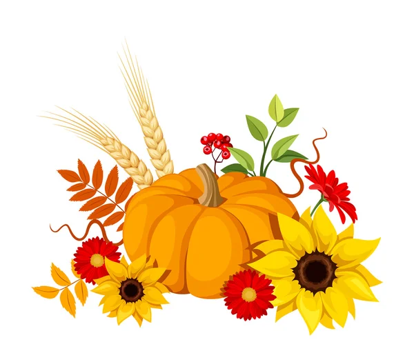 Autumn pumpkin and flowers. Vector illustration.