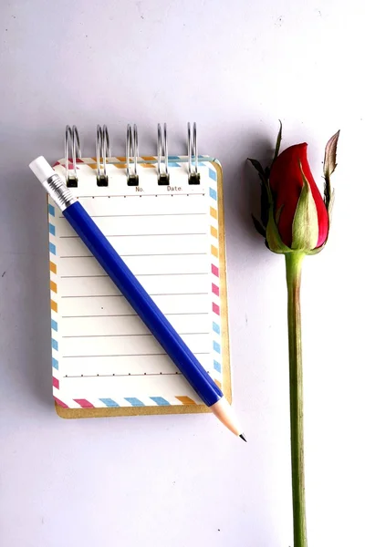 Rose flower, notebook and a pencil