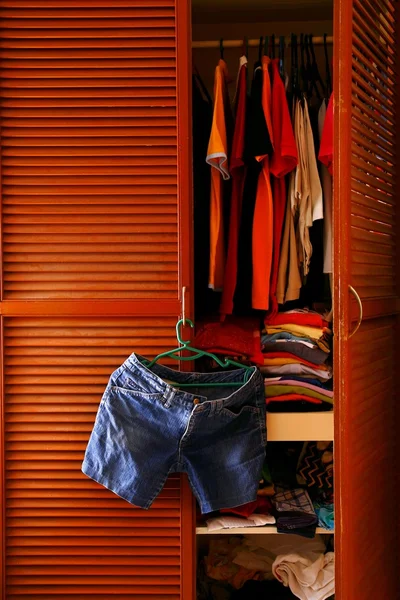 Denim shorts hanging by a clothes cabinet door