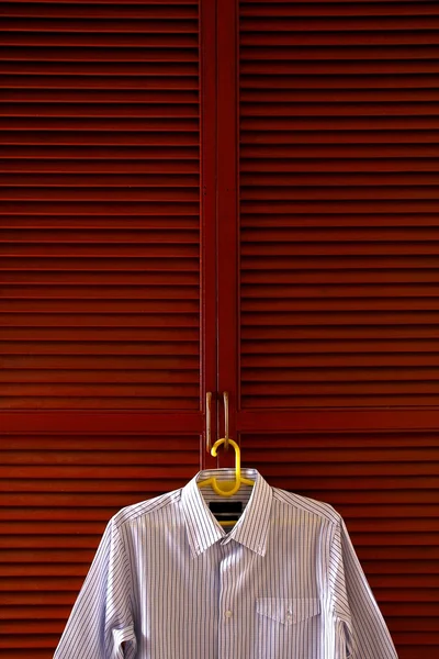 Polo shirt hanging by a clothes cabinet door