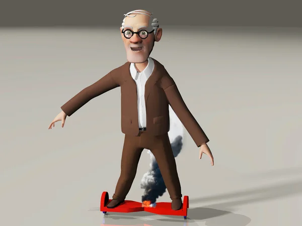 Old man on a burning hover board