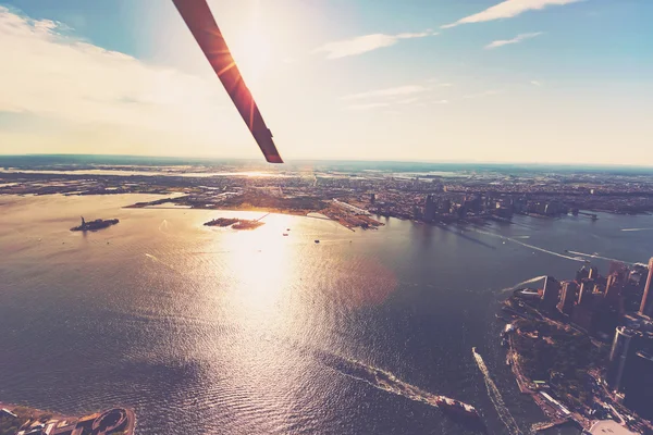 Cityscape view of Lower Manhattan as seen from helicopter