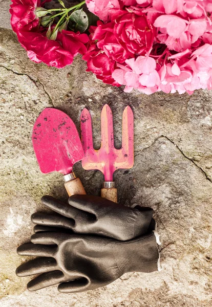 Gardening concept with pastel pink tools and gloves over stone