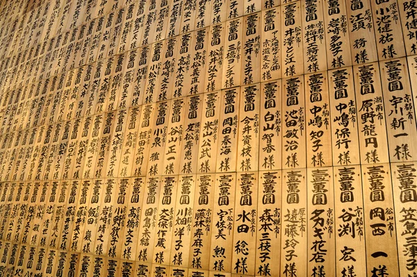 Wooden Japanese prayer tablets with wishes in a temple in Japan