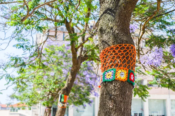 Yarn bombing in a tree. European park.