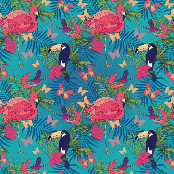 Seamless pattern with tropical birds and flowers