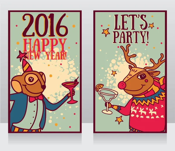 Two templates for party banner, cartoon monkey in party hat and christmas deer with cocktails in their hands