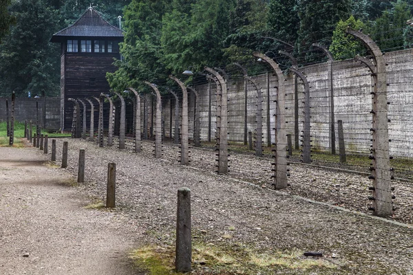 Watchtower and electric fence at Auschwitz