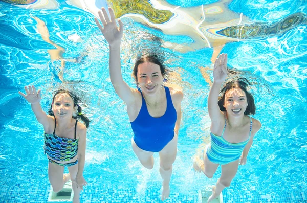 Family swims in pool under water, happy active mother and children have fun underwater, kids sport on family vacation