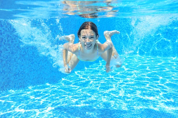 Happy child swims in pool underwater, active kid swimming, playing and having fun, children water sport