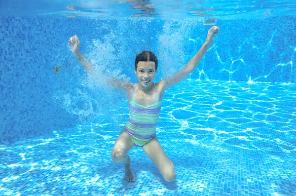 Happy child swims in pool underwater, active kid swimming, playing and having fun, children water sport