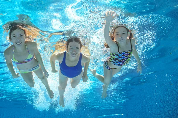 Family swim in pool or sea underwater, happy active mother and children have fun in water, kids sport on family vacation