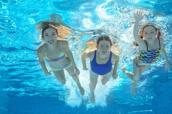 Family swim in pool or sea underwater, happy active mother and children have fun in water, kids sport on family vacation