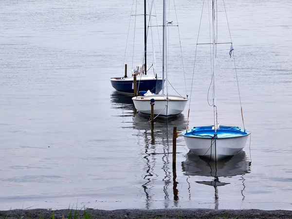 Small sailboats moored at sea
