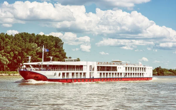 Cruise ship and Danube river, travelling scene, retro photo