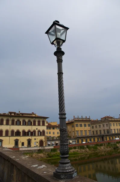 Glowing vintage street lamp on background with Arno river