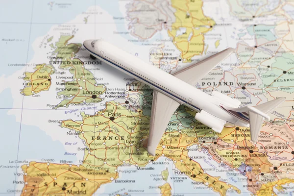 Travel destination United Kingdom. Passenger plane miniature ove