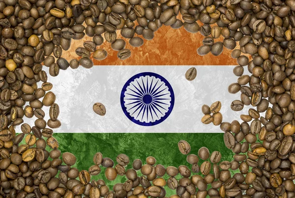 Flag of India under a roasted coffee beans background texture