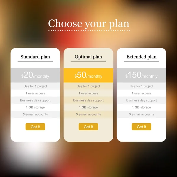 Web template of pricing table