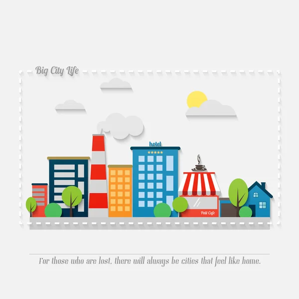 Cartoon style cityscape with modern architecture, office buildings, hotel, market, park, coffee house and asphalt road. vector colorful illustration. big city life banner concept