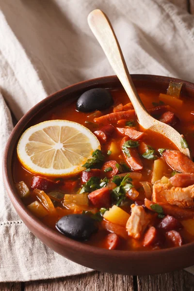 Russian cuisine soup solyanka closeup on the table. vertical