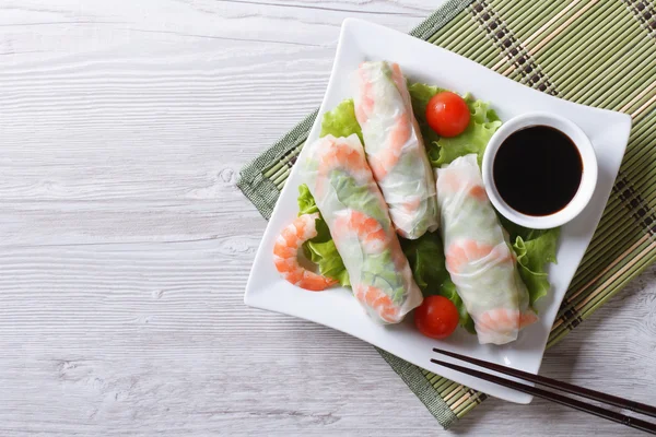 Spring roll with shrimp and vegetables, top view