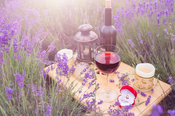 Small table for engagement in lavender field