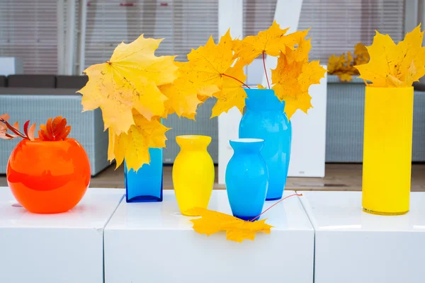 Multi-colored vases of different shapes with the maple leaves inside