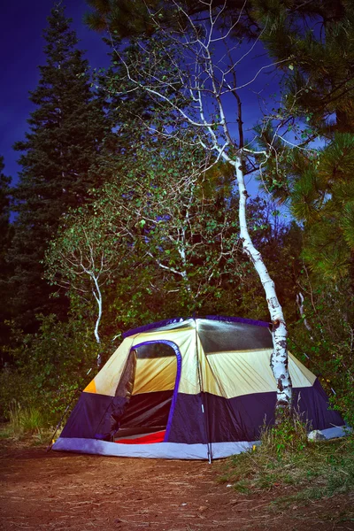 Camping tent in the forest at night