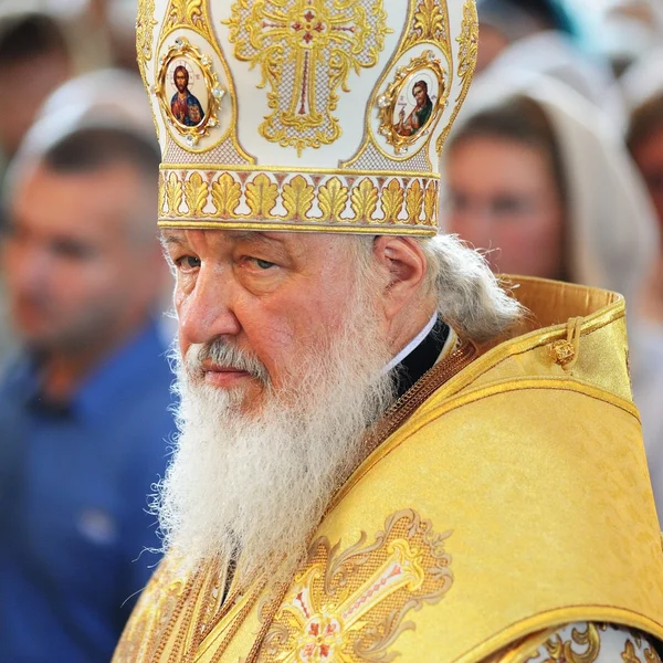 Orel, Russia - July 28, 2016: Russia baptism anniversary Divine Lutirgy. Patriarch Kirill in golden ceremonial mantle