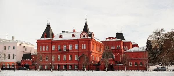 Red brick Russian revival style state bank in Orel, Russia, pano