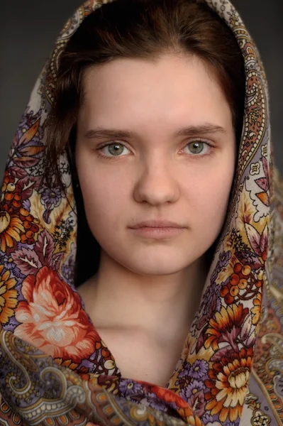 Russian brunette green eyed girl in Pavlo-Posad russian shawl st