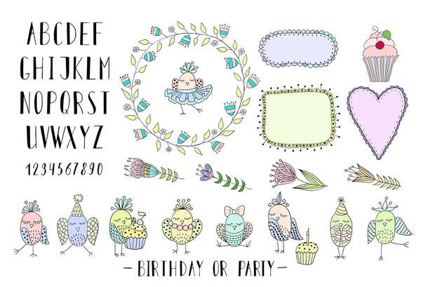 Elements for creating greeting cards, invitations with frames, flowers, font and birds.