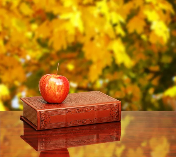 Back to school. Books and apple on the desk over autumn leaves b