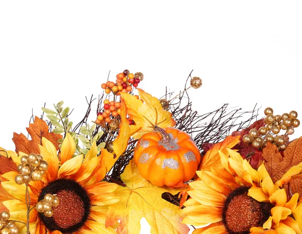 Pumpkin, Sunflowers and Fall Leaves isolated. Autumn or Thanksgi