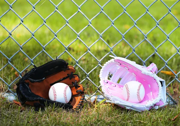 Baseball. Balls in Gloves on Green Grass. Female vs Male