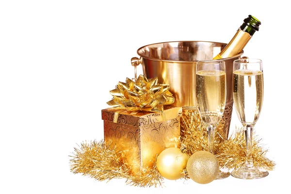 Christmas or New Year\'s Eve. Champagne and Gold Presents isolate