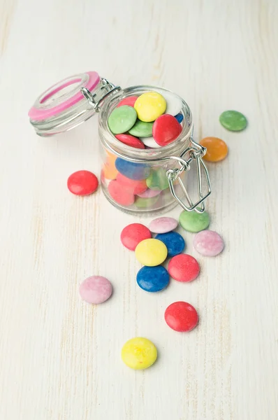 Colorful candies in a glass jar