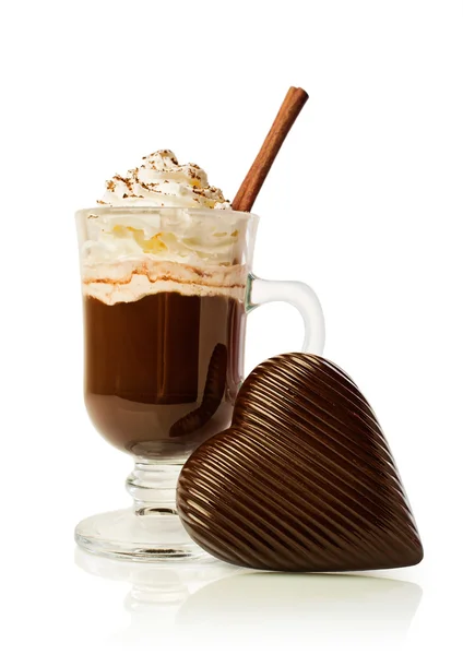 Hot chocolate in a glass and chocolate heart